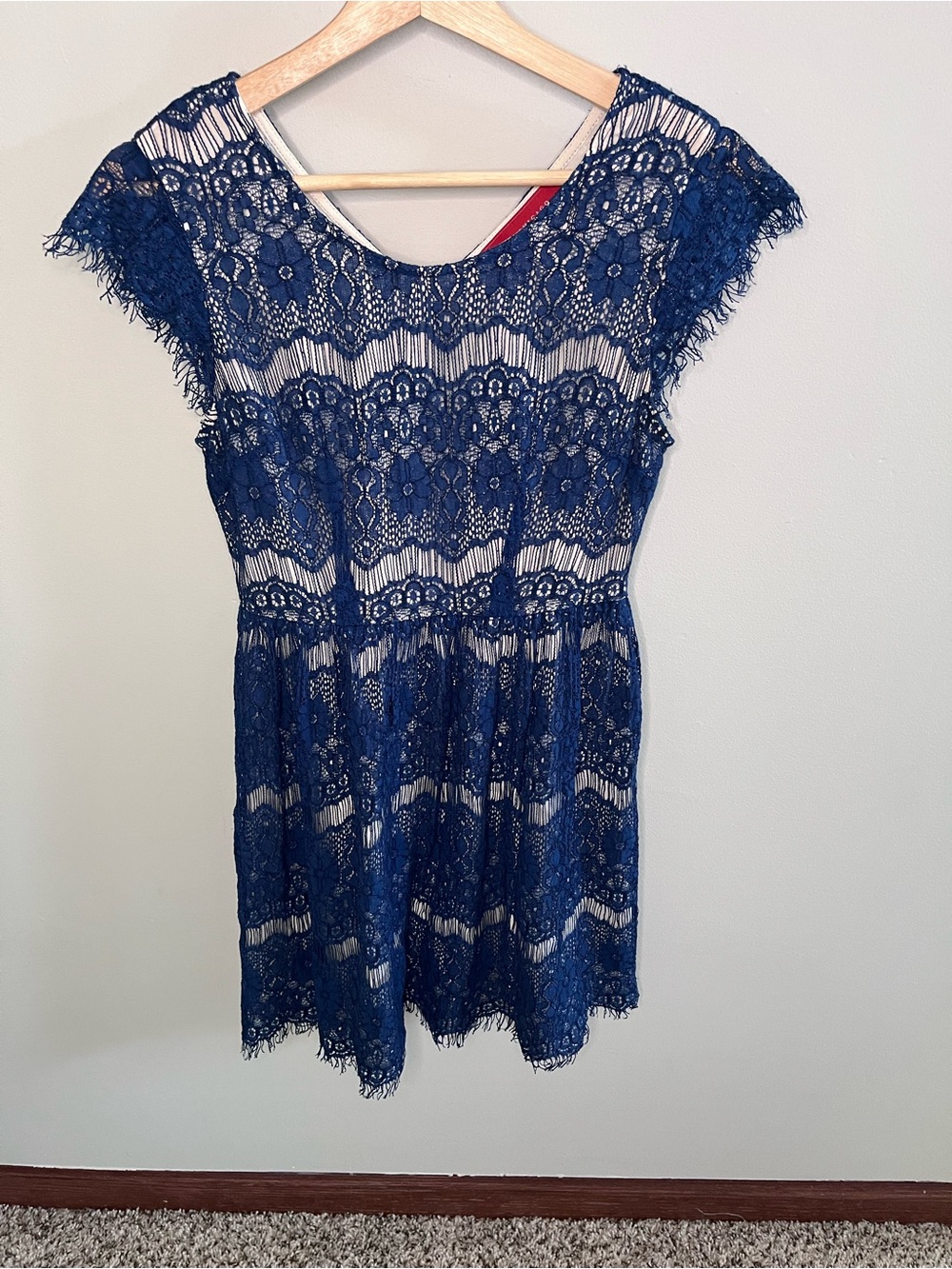 Akira Chicago Red Label Navy Blue Floral‎ Lace Fit & Flare Mini Dress Small